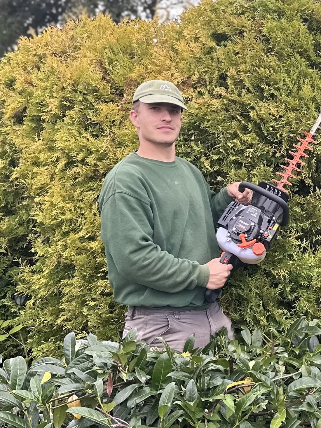 Sven Dabers in grünem Pullover und Immergrün-Cap, mit einer Benzin-Heckenschere vor einer goldgelben Thujakugel.